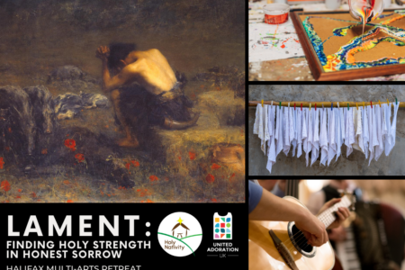 Images on the theme of lament including an oil painting of a weeping man with his back turned to the viewer, and image of paint being poured, an image of white rags hung on a line against a wall and an image of an acoustic guitar.