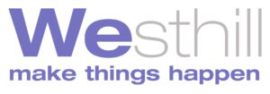 A purple and grey logo saying Westhill; make things happen 