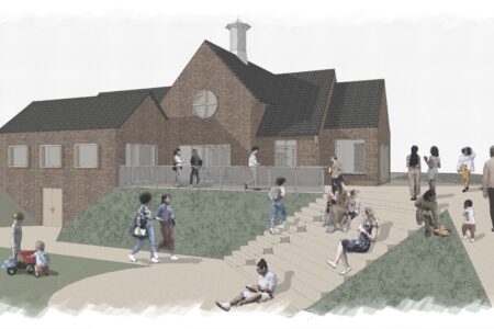 Exterior view of planned extension to the church building showing the view across the church park and new steps and seating for outside events